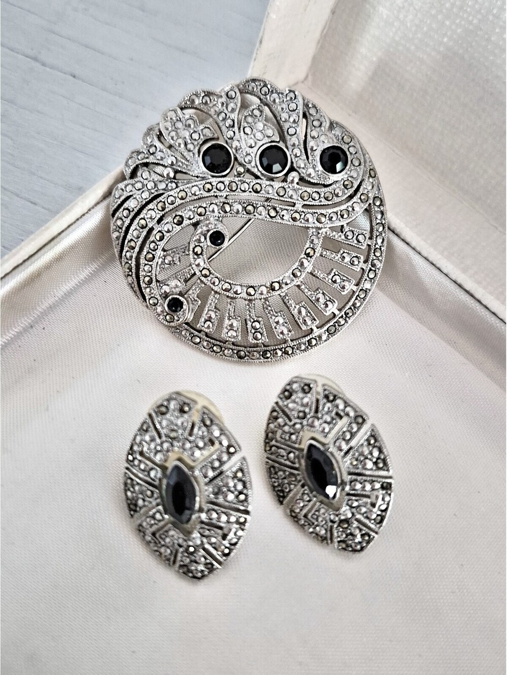 Vintage Silver-tone Marcasite and Black Stone Brooch and Earring Set